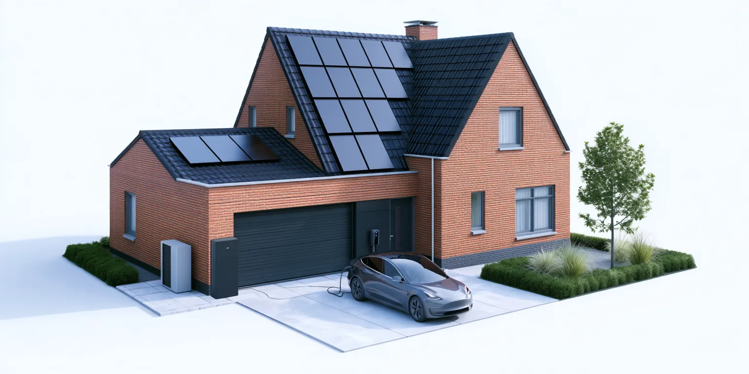 Vrijstaande woning met zonnepanelen op het dak, een warmtepomp en thuisbatterij naast de garage en een elektrische auto aan de laadpaal